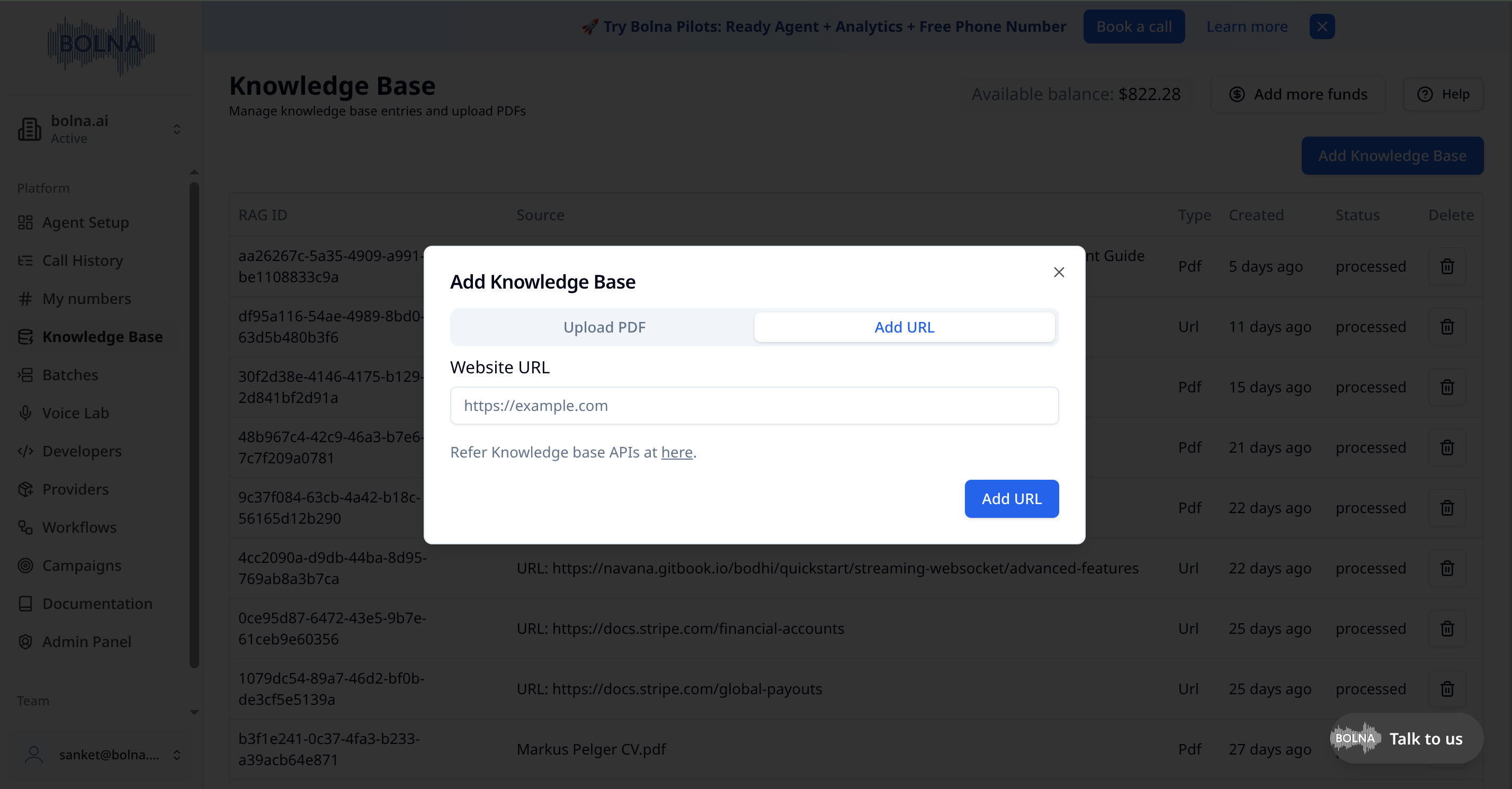 Add Knowledge Base dialog showing Add URL tab with URL input field and Add URL button