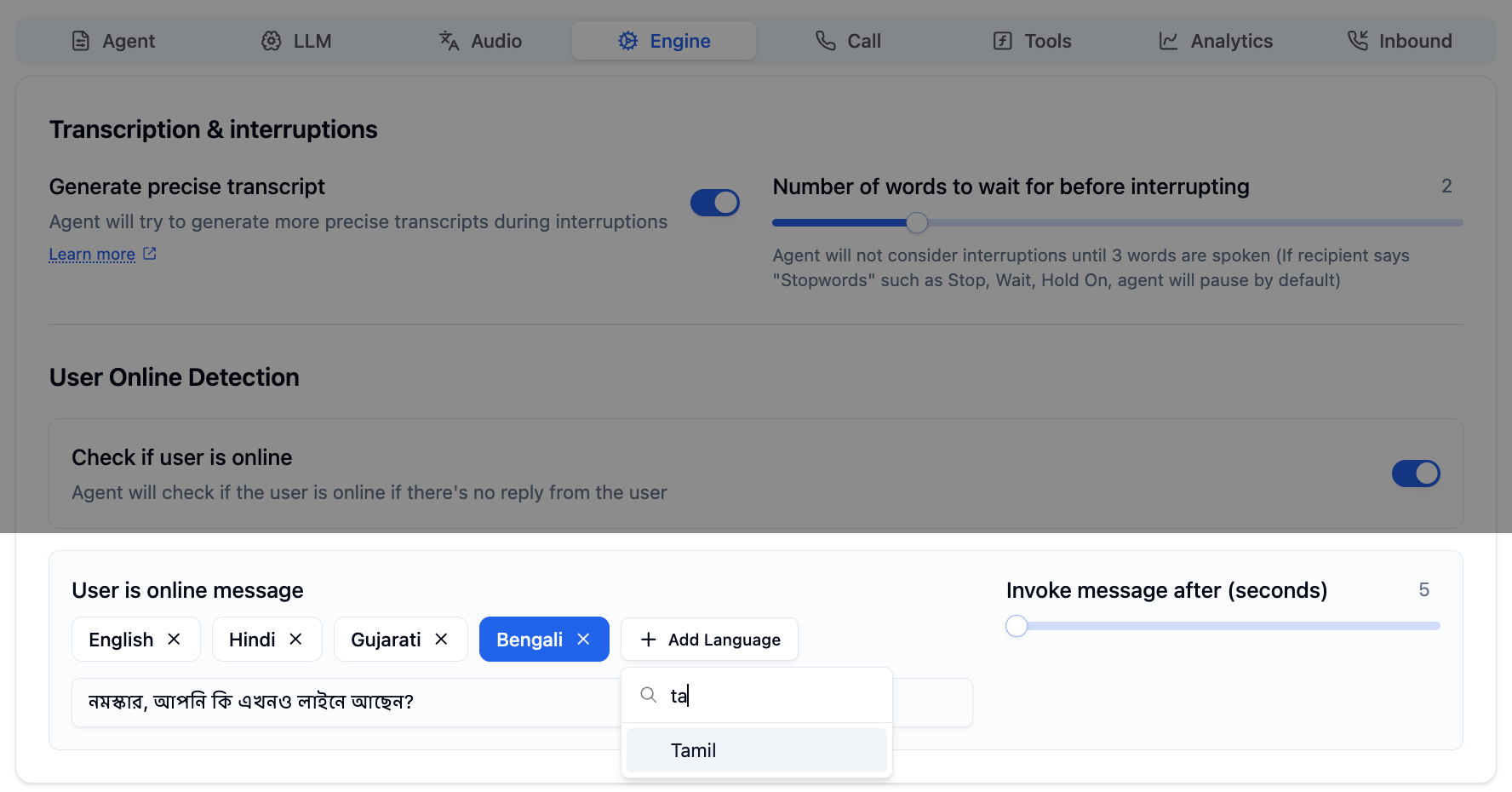 Bolna Voice AI dashboard showing user online detection settings with multilingual message configuration for English, Hindi, Gujarati, Bengali, and Tamil languages to automatically check if callers are still on the line