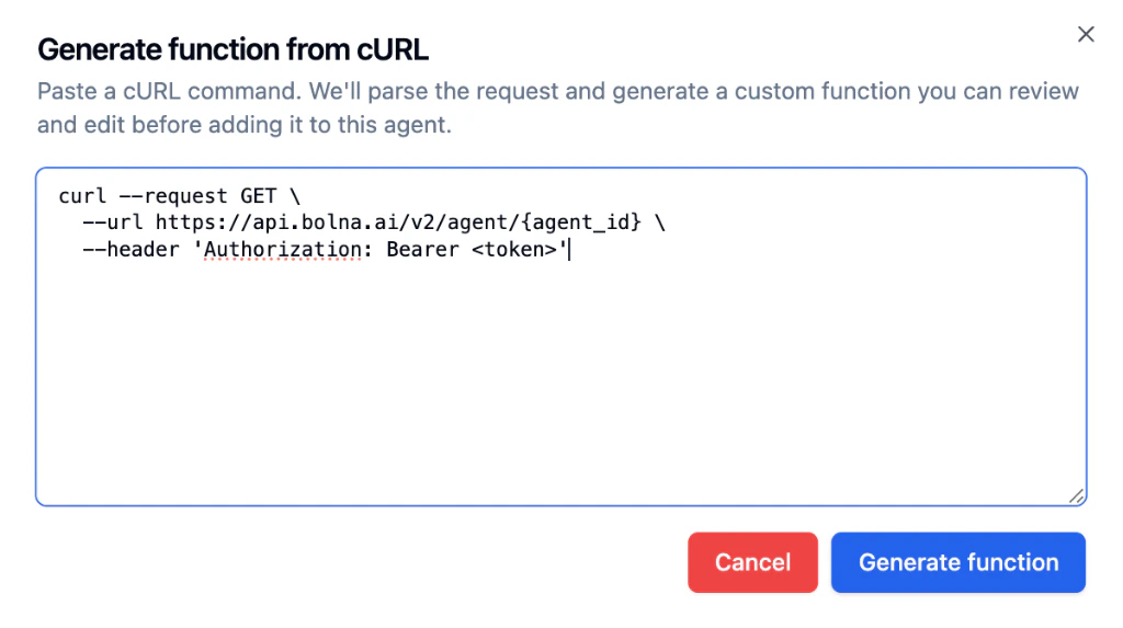 Bolna Generate function from cURL modal with a text area containing a sample curl GET request to api.bolna.ai with Authorization Bearer header, Cancel button in red and Generate function button in blue