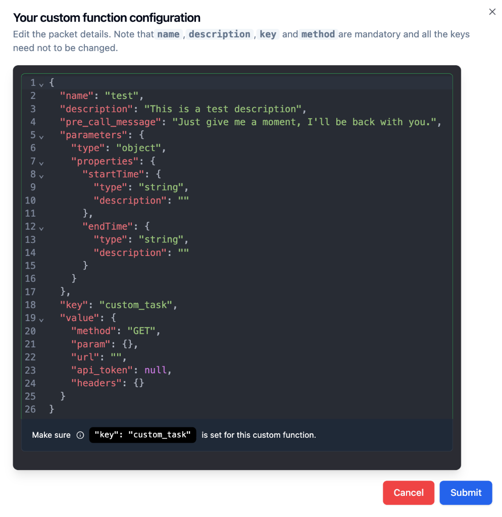 Bolna custom function configuration modal with a dark code editor showing JSON schema with name test, description, pre_call_message, parameters with startTime and endTime properties, key set to custom_task, and value object with method GET, url, api_token, and headers fields