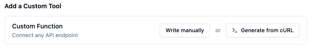 Bolna Add a Custom Tool section with Custom Function card showing Write manually button and Generate from cURL button side by side