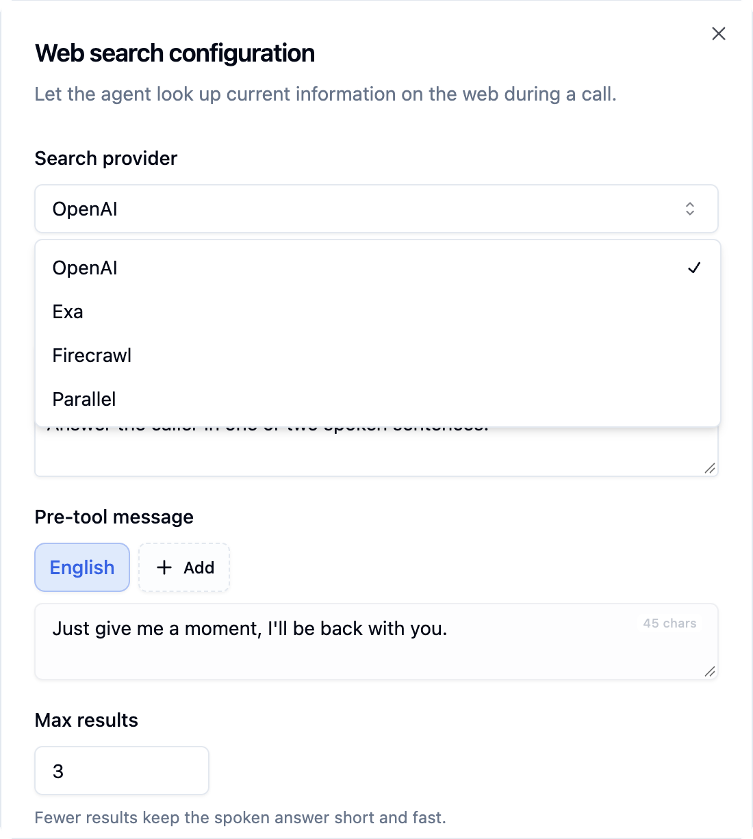 Web search configuration dialog with the Search provider dropdown open, listing OpenAI, Exa, Firecrawl and Parallel, with OpenAI selected