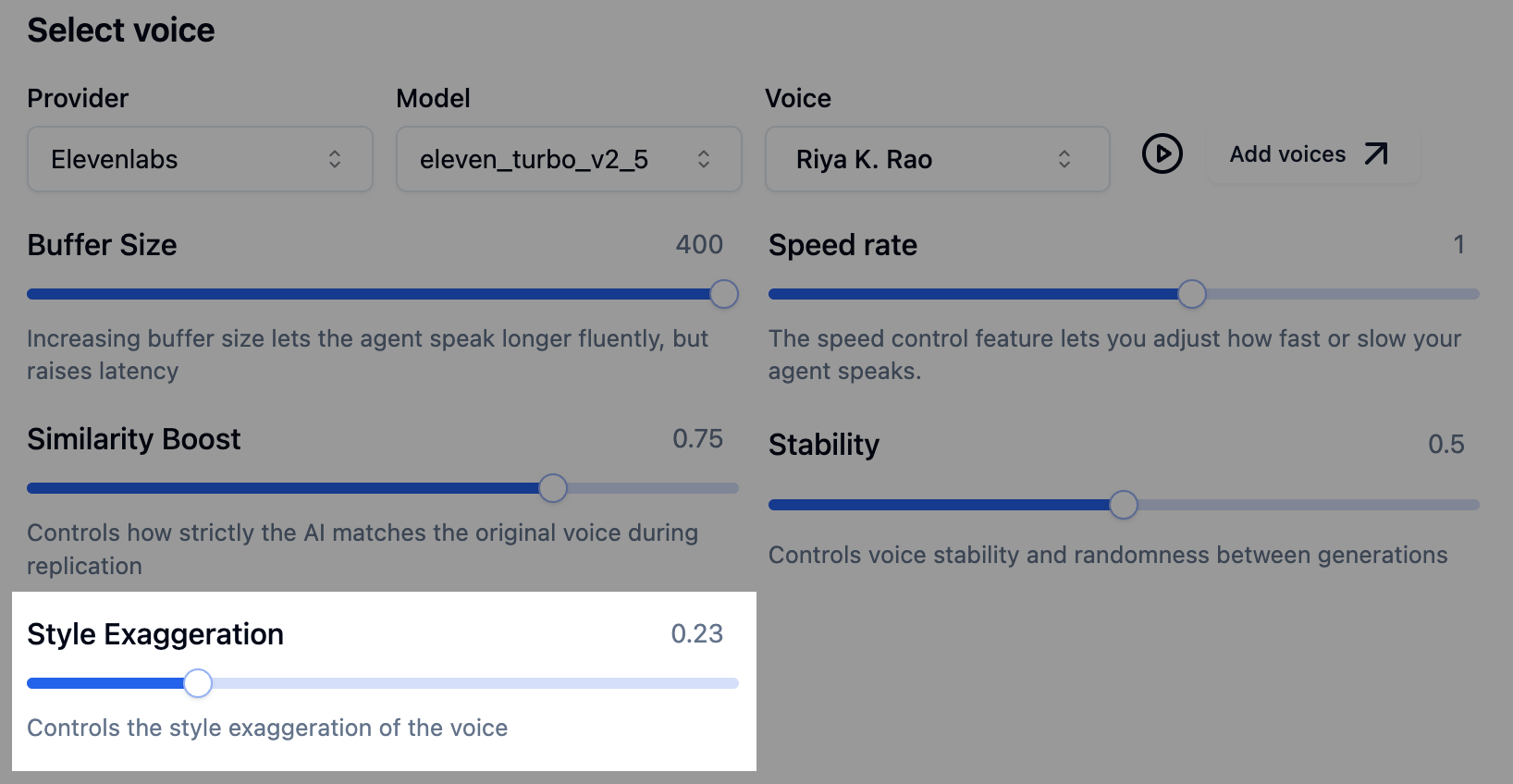 ElevenLabs style exaggeration control in Bolna for adjusting expressiveness of text-to-speech output