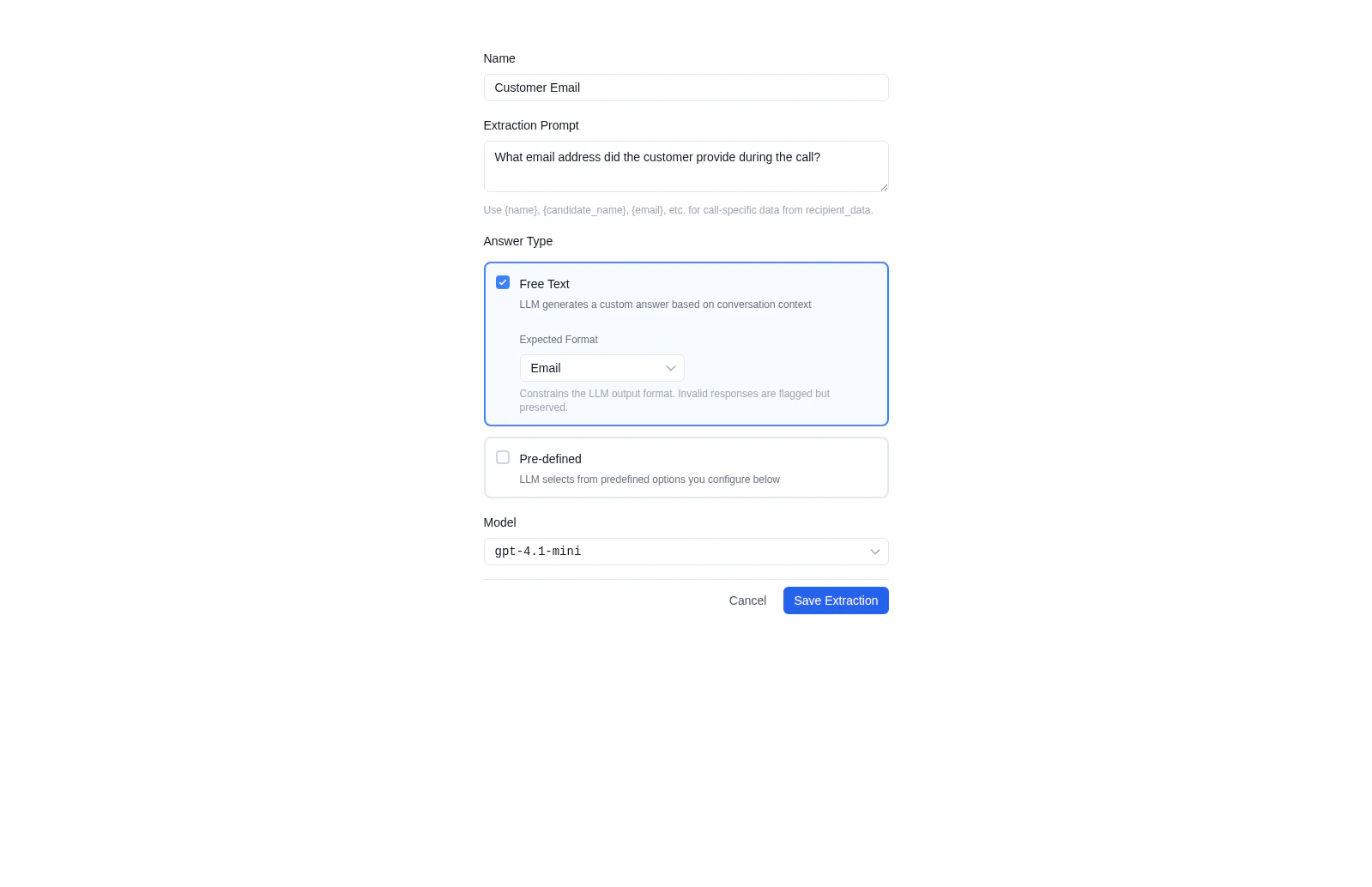 Disposition form showing Free Text enabled with Expected Format dropdown set to Email