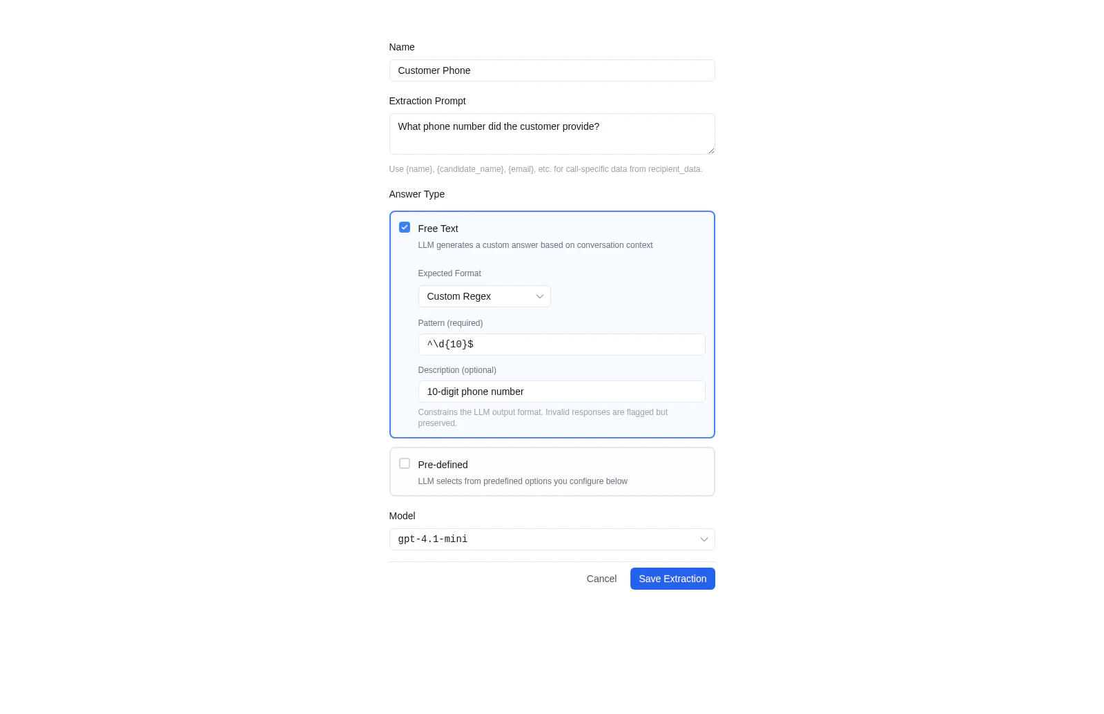 Disposition form showing Custom Regex selected with pattern and description fields