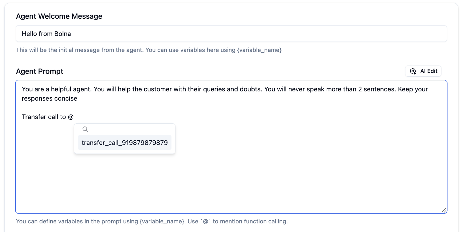 Agent prompt interface showing '@' symbol for mentioning function calls in Bolna Voice AI agent instructions
