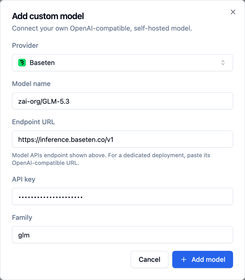 Add custom model dialog with Baseten selected, model zai-org/GLM-5.3, endpoint inference.baseten.co/v1, masked key and family glm