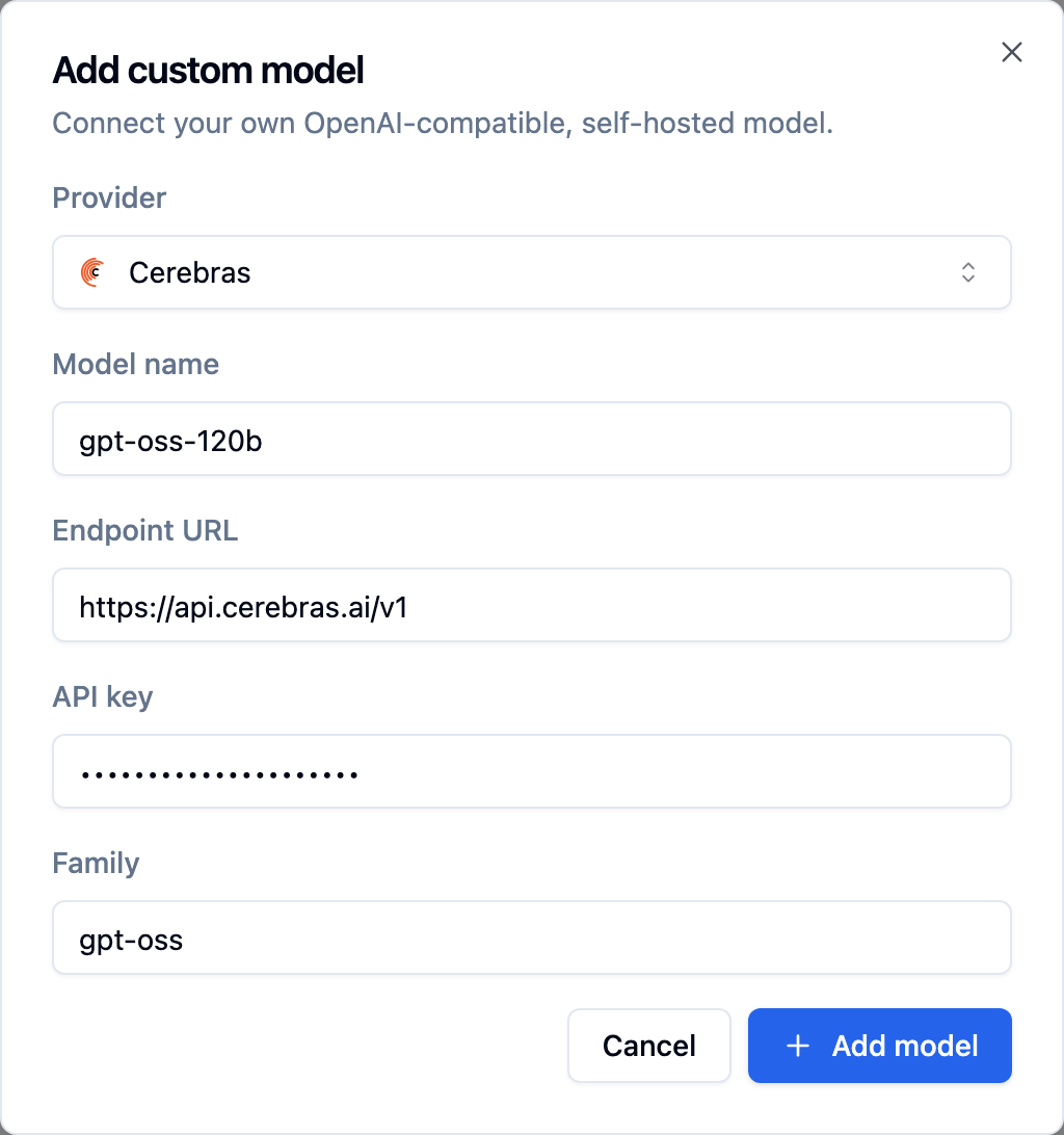 Add custom model dialog with Cerebras selected, model gpt-oss-120b, endpoint api.cerebras.ai/v1, masked key and family gpt-oss