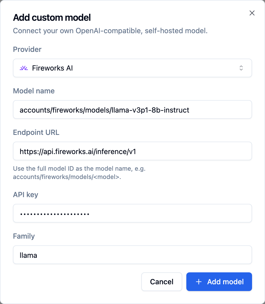 Add custom model dialog with Fireworks AI selected, model accounts/fireworks/models/llama-v3p1-8b-instruct, endpoint api.fireworks.ai/inference/v1, masked key and family llama