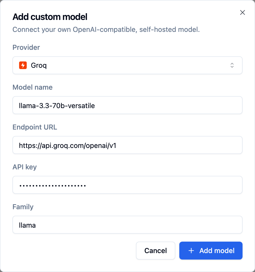 Add custom model dialog with Groq selected, model llama-3.3-70b-versatile, endpoint api.groq.com/openai/v1, masked key and family llama