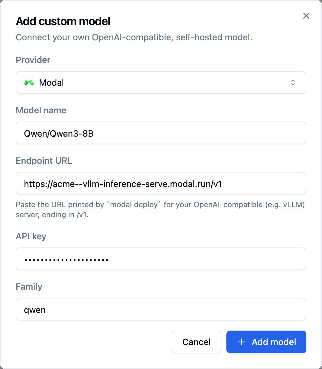 Add custom model dialog with Modal selected, a model name, a Modal endpoint URL, a masked API key and a family