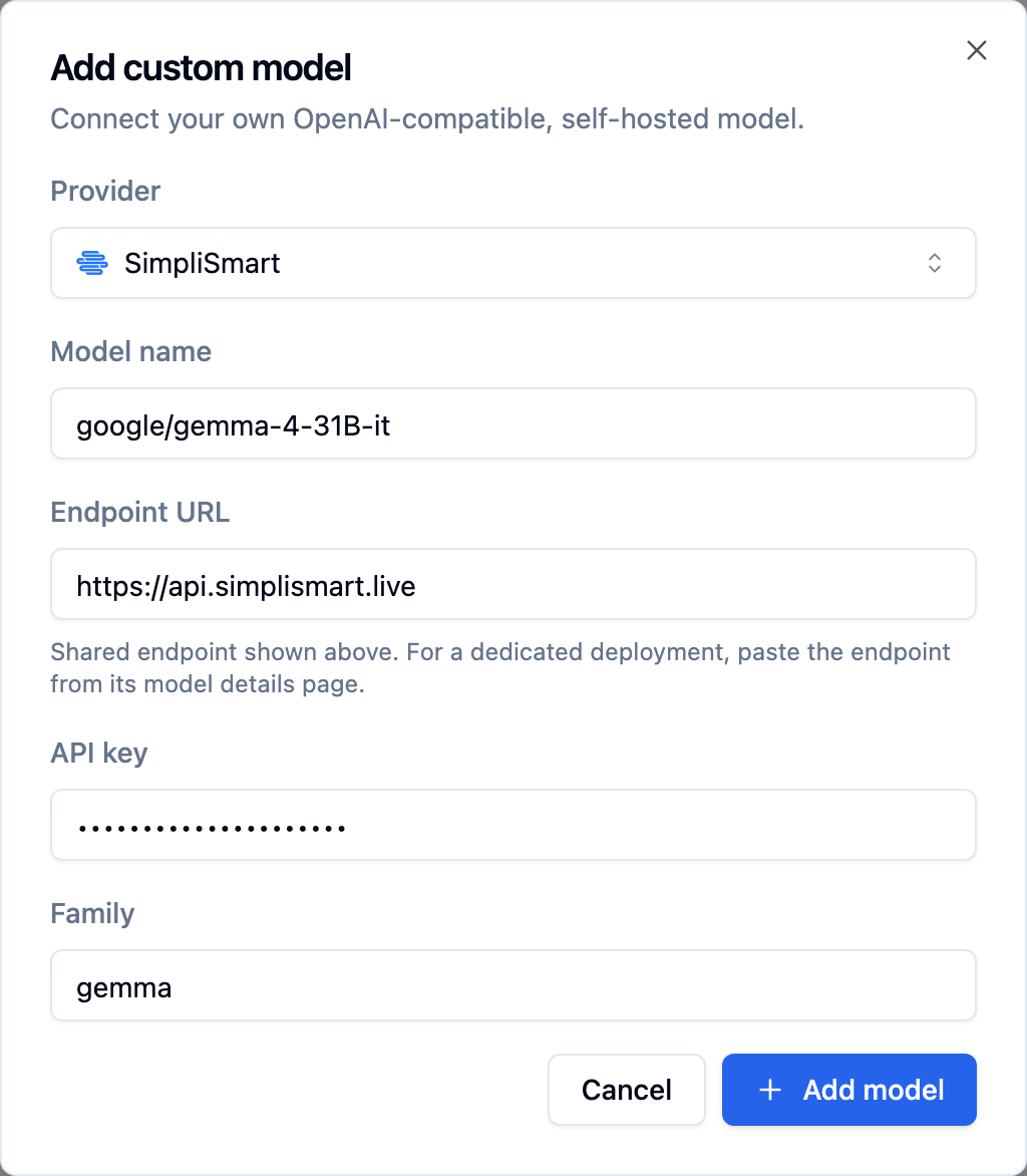 Add custom model dialog with Simplismart selected, model google/gemma-4-31B-it, endpoint api.simplismart.live, masked key and family gemma