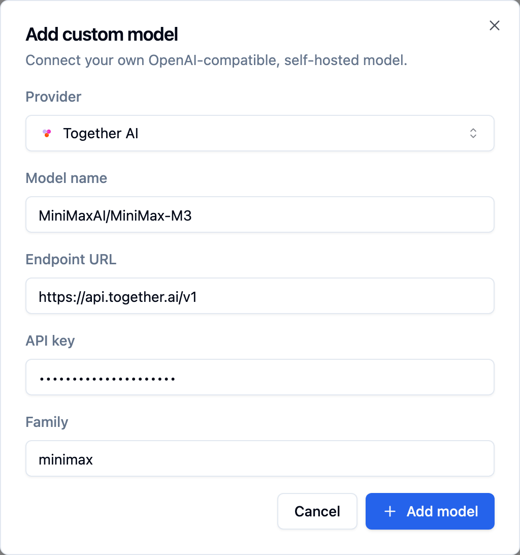 Add custom model dialog with Together AI selected, model MiniMaxAI/MiniMax-M3, endpoint api.together.ai/v1, masked key and family minimax