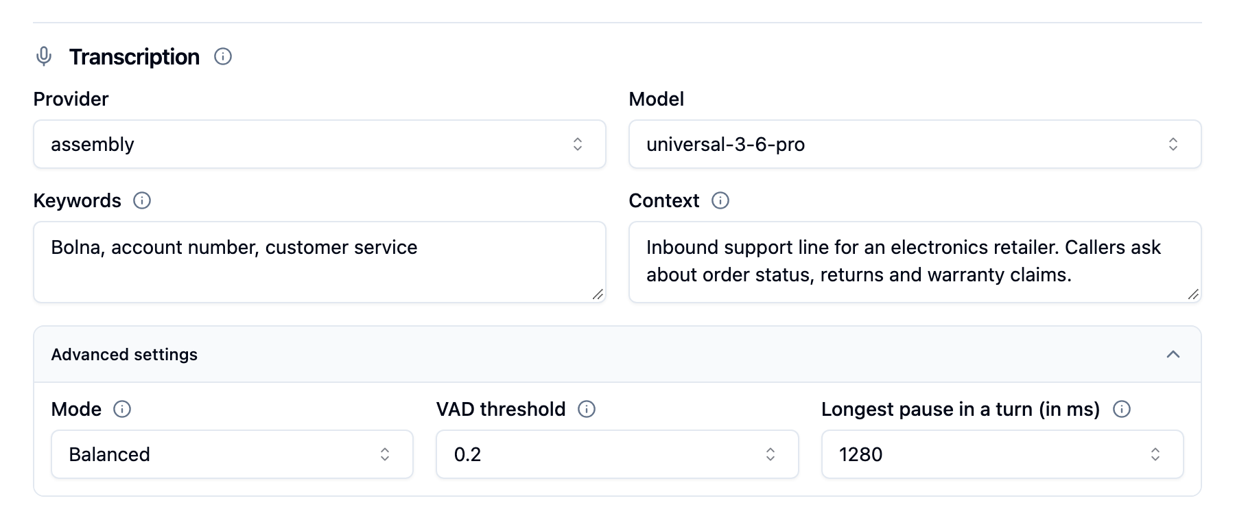 Bolna Transcription settings with Provider set to assembly and Model set to universal-3-6-pro, Keywords and Context fields, and an expanded Advanced settings panel showing Mode set to Balanced, VAD threshold set to 0.2 and Longest pause in a turn set to 1280