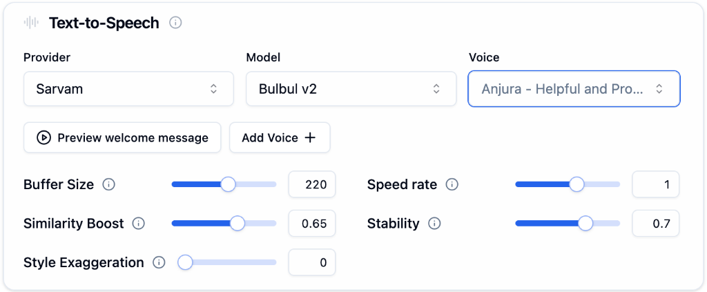 Bolna Text-to-Speech settings showing Sarvam provider, Bulbul v2 model, Anjura voice selected, with sliders for Buffer Size at 220, Speed rate at 1, Similarity Boost at 0.65, Stability at 0.7, and Style Exaggeration at 0