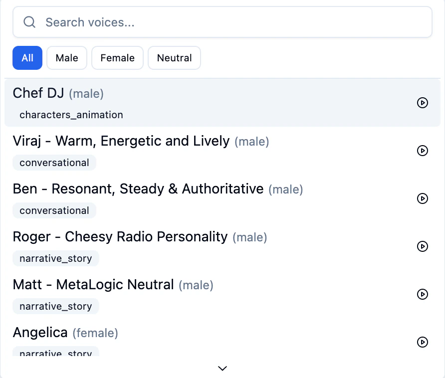 Bolna voice selector dropdown with search bar, gender filter tabs for All Male Female and Neutral, and voices including Chef DJ, Viraj, Ben, Roger, Matt, and Angelica with play buttons