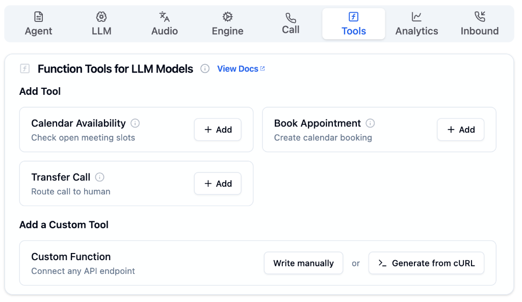 Bolna Tools Tab with Function Tools for LLM Models header, Add Tool section showing Calendar Availability, Book Appointment, and Transfer Call cards with Add buttons, and Add a Custom Tool section with Write manually and Generate from cURL options