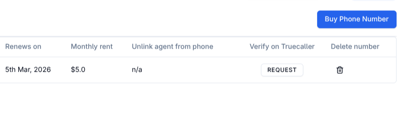 Bolna dashboard Phone Numbers page with Truecaller verification shield icon in the Verify on Truecaller column