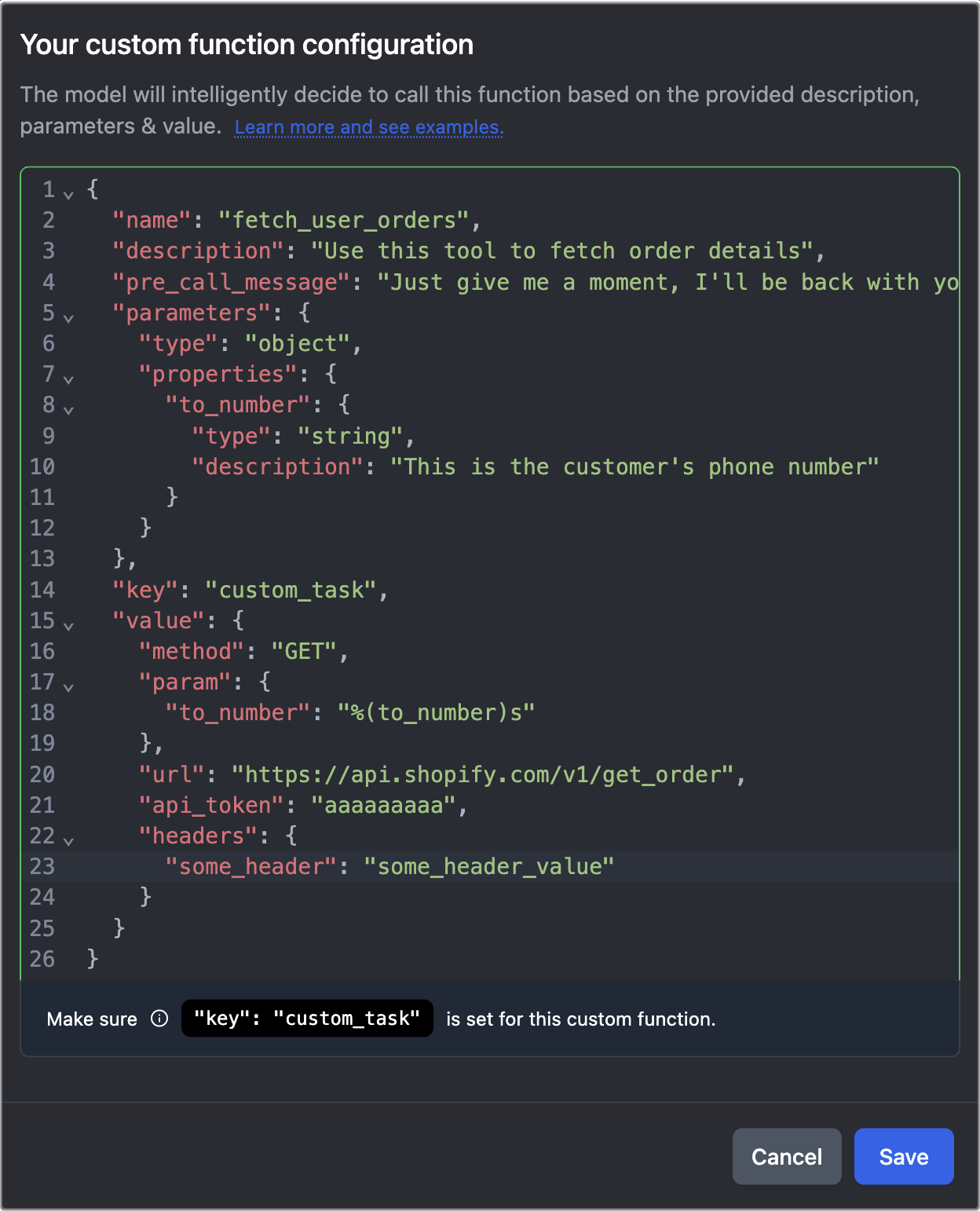 Custom function call configuration screen in Bolna Voice AI showing schema input for adding your custom tool with Voice agent