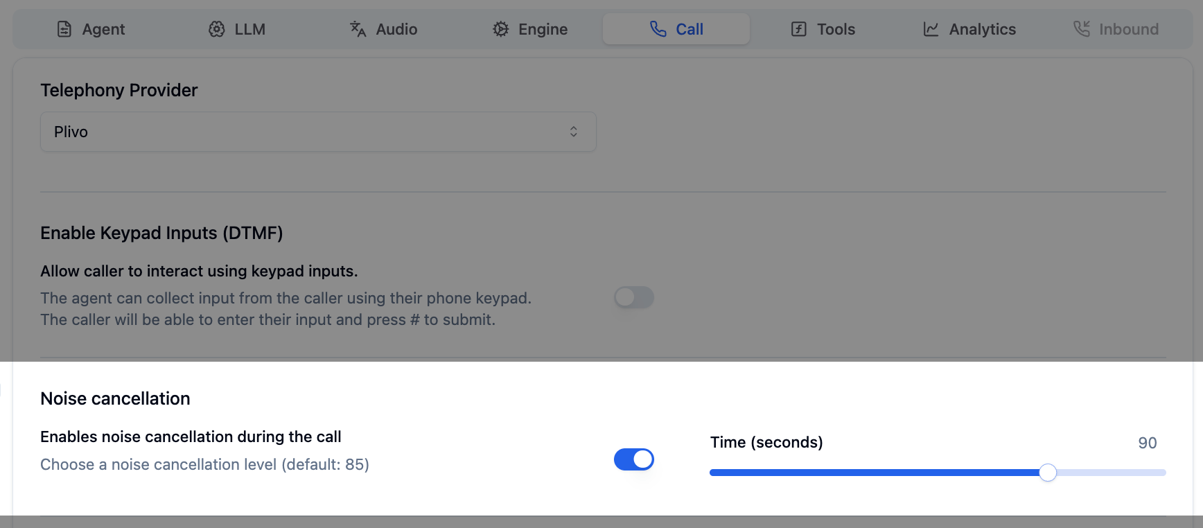 Noise cancellation toggle to choose the level on Bolna platform