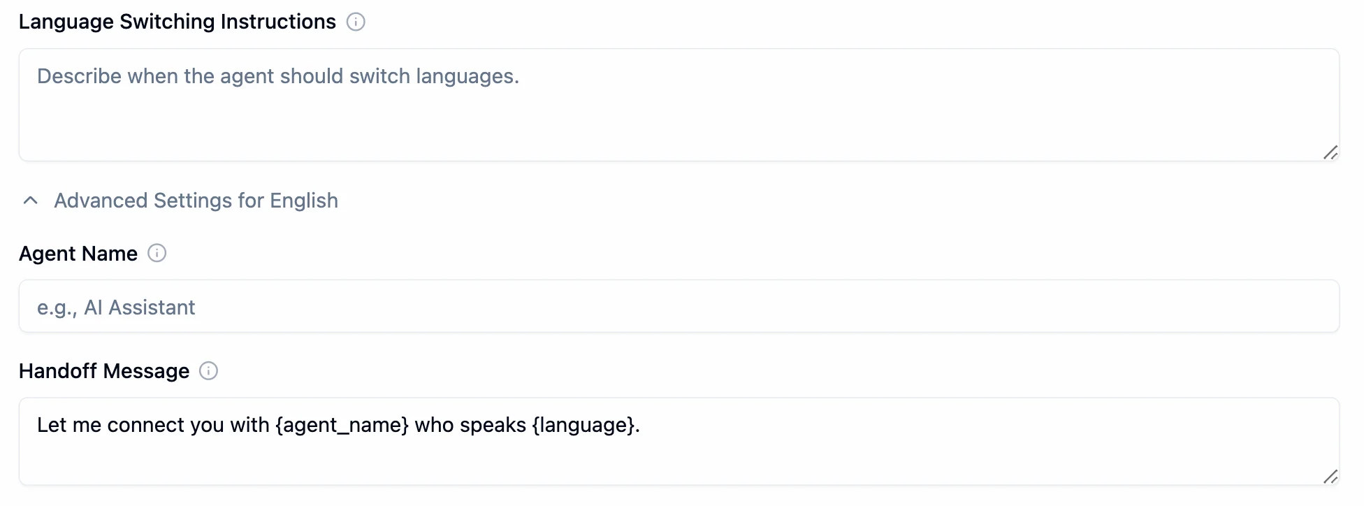 Language Switching Instructions field, Advanced Settings for English expanded with Agent Name placeholder AI Assistant and Handoff Message reading Let me connect you with agent_name who speaks language