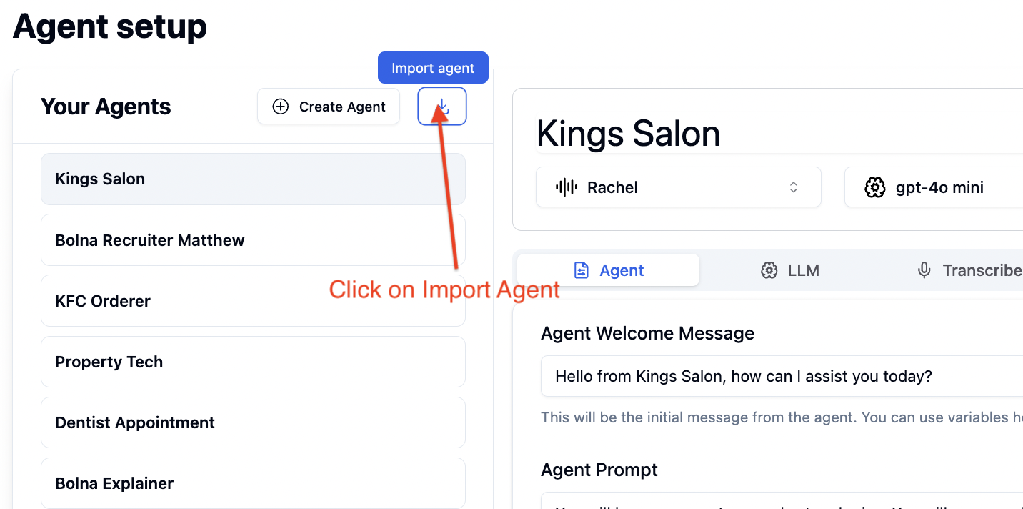 Importing Bolna Voice AI agents from URLs Using the Import Agent option to import an agent