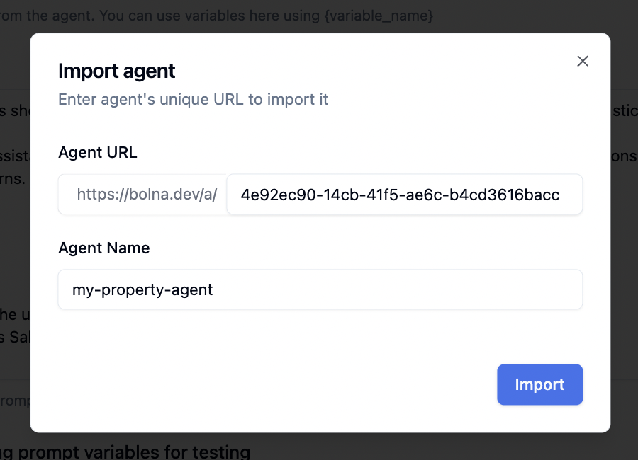 Saving the Bolna Voice AI agent in your account Pasting the Copied Agent ID to import the agent