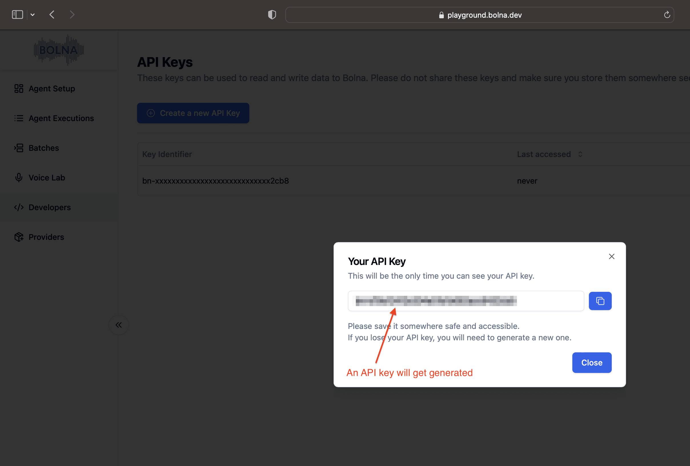 Bolna API Developers section showing how to copy, save and use the generated API Key