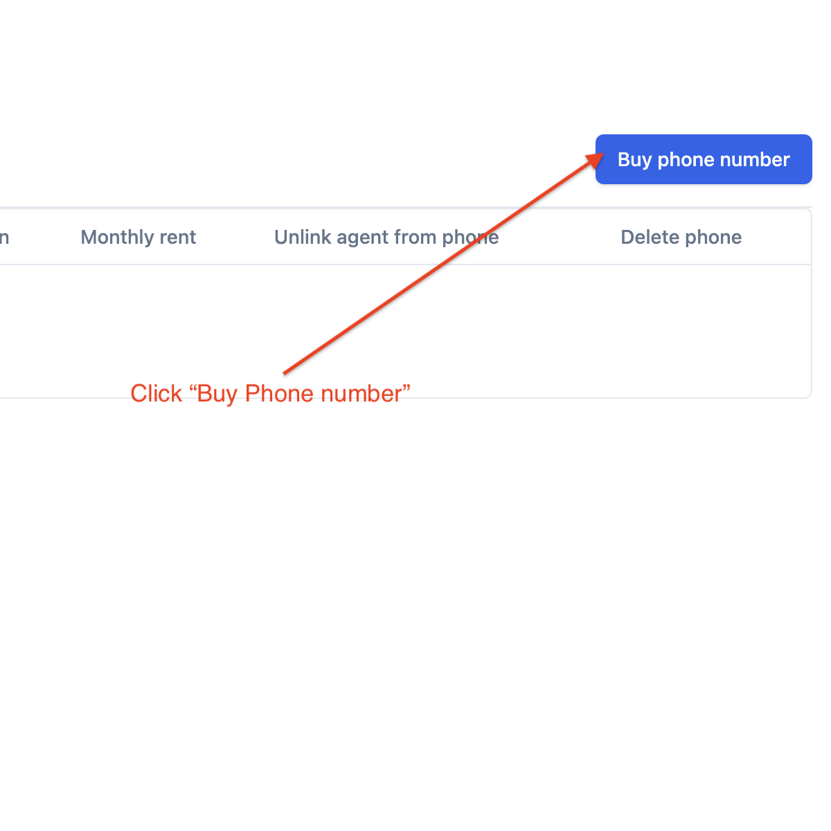 Buy phone number button in Bolna dashboard for purchasing dedicated numbers for Voice AI agents