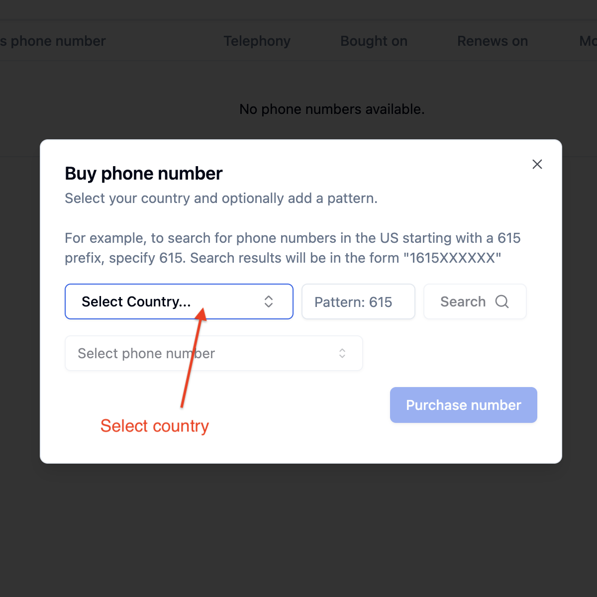 Country selection interface in Bolna phone number purchase flow showing geographic options for Voice AI phone numbers