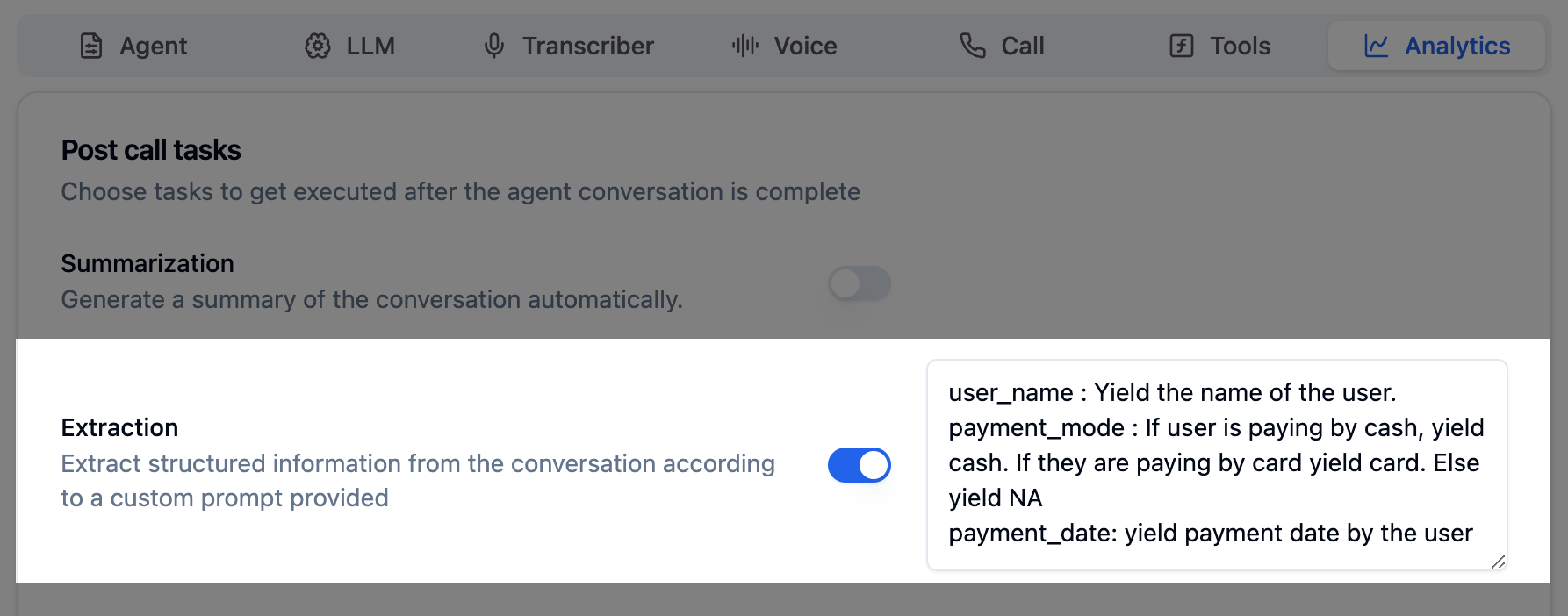 Setting up Extraction Prompts in Bolna Voice AI agents for Structured Data Extraction prompt setup for capturing call details by Bolna Voice AI agents