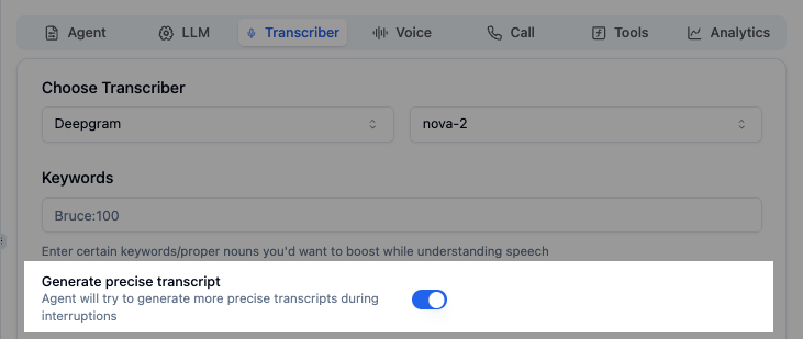 Precise transcript generation toggle in Bolna Voice AI showing interruption handling configuration