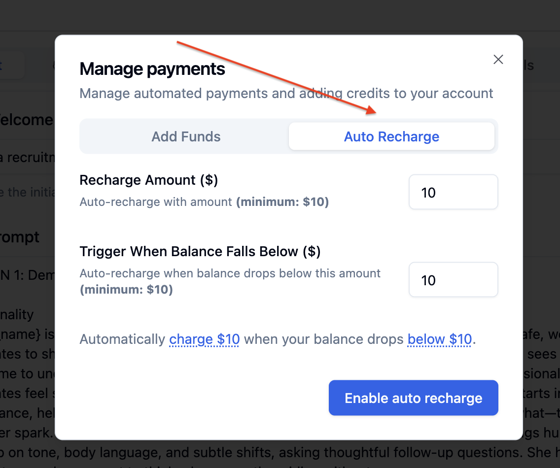 Auto recharge configuration in Bolna billing settings for automatic account funding when credits run low