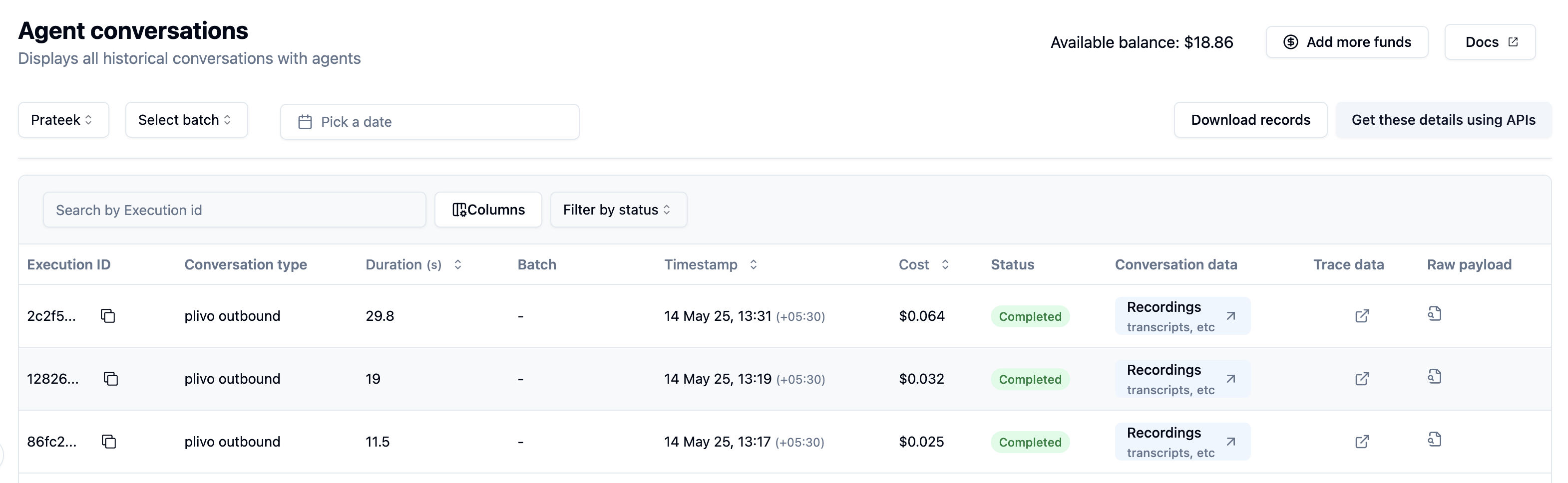 Updated executions dashboard in Bolna platform showing enhanced filtering and column selection features for call management