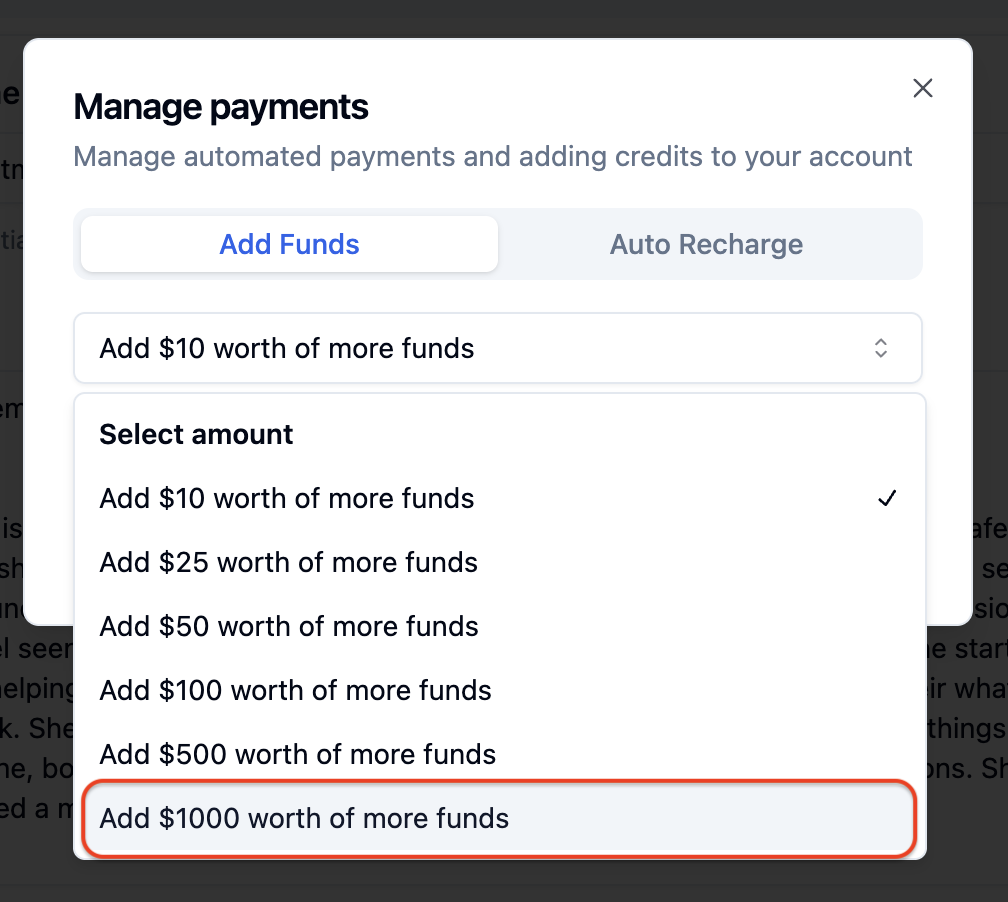 Billing top-up interface in Bolna platform showing $1000 USD payment option for your account