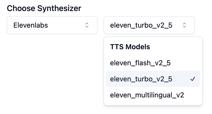 TTS synthesizer model provider selection interface in Bolna dashboard showing voice models for Voice AI agents