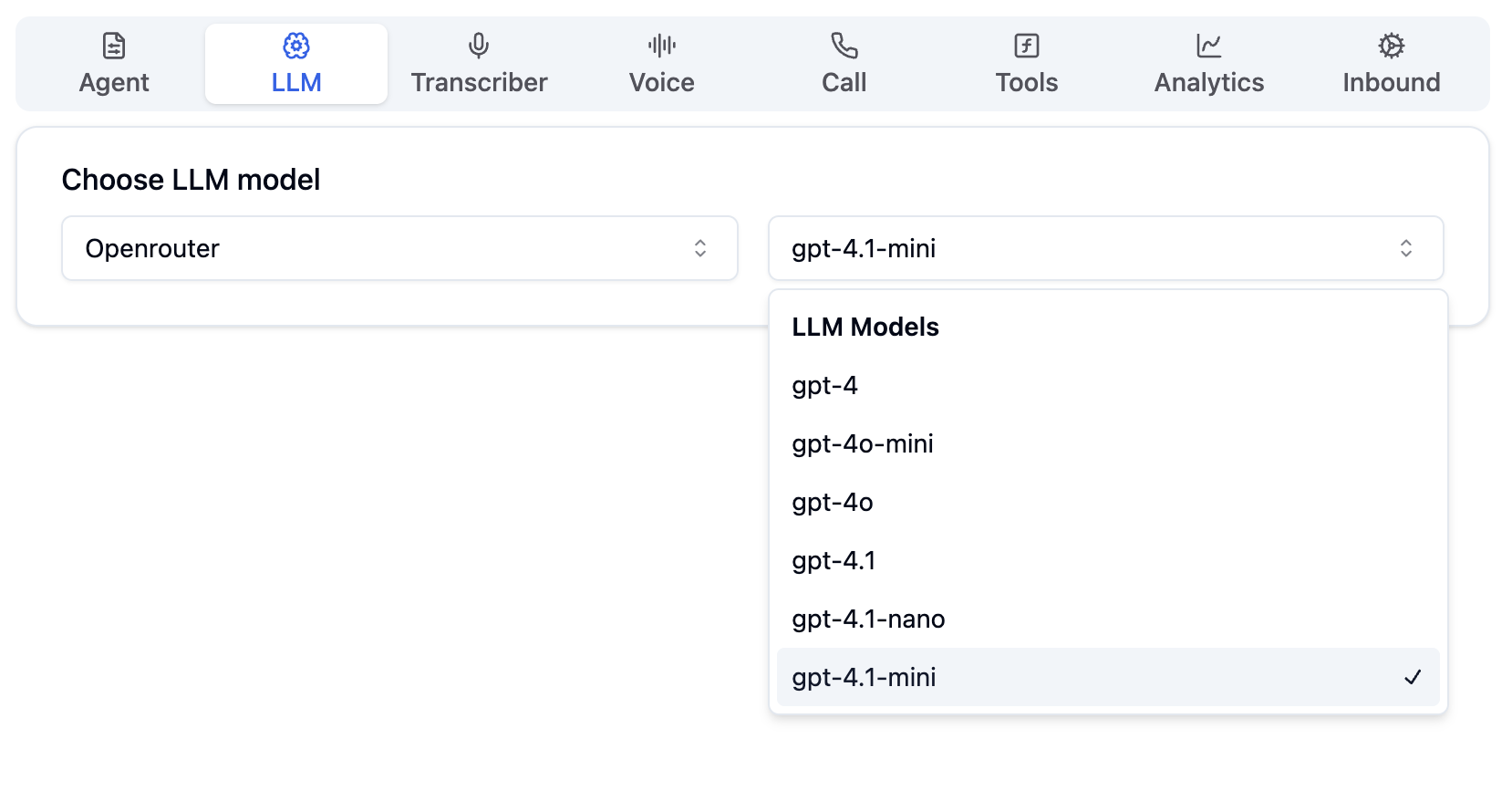 OpenRouter OpenAI model selection interface in Bolna showing available GPT models for Voice AI agents