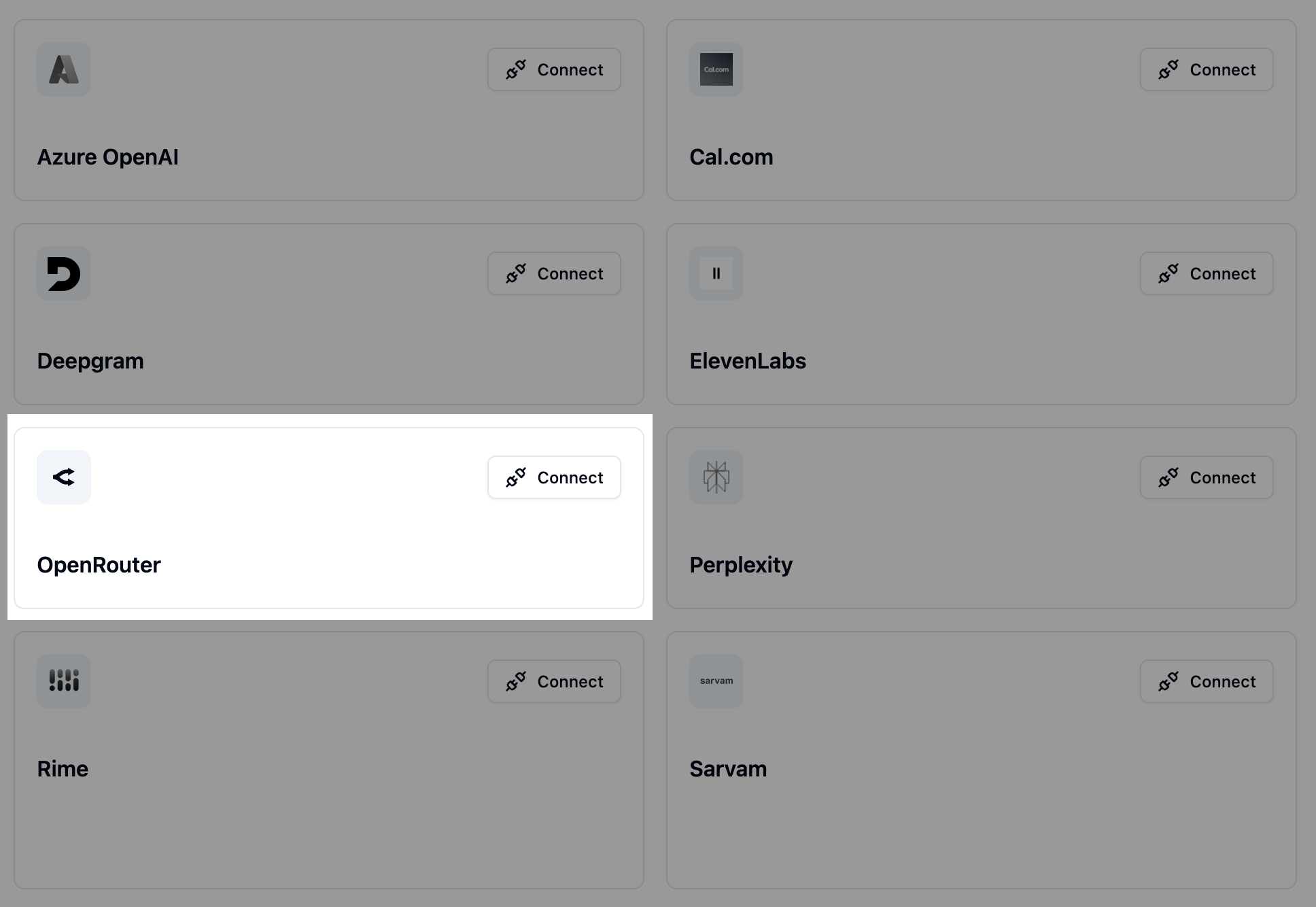 OpenRouter provider connection setup in Bolna showing API key configuration