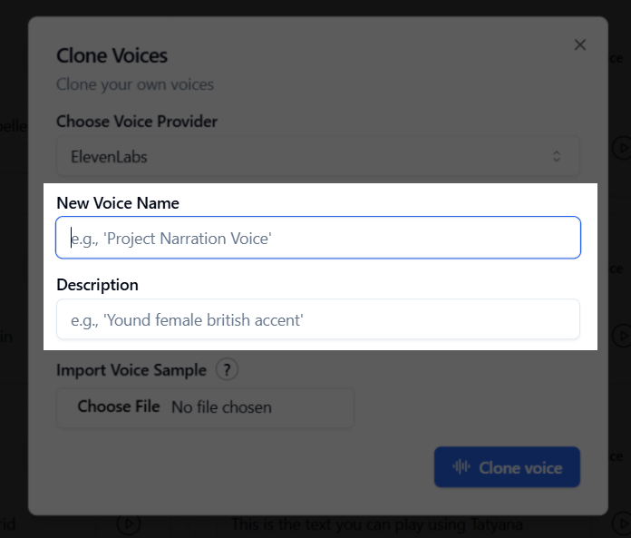 Voice naming interface in Bolna voice cloning workflow showing name and description fields for custom voice identification