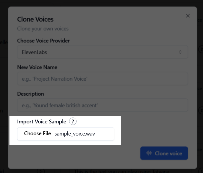 Audio sample upload interface for Bolna voice cloning showing file selection for 1-2 minute high-quality voice recordings