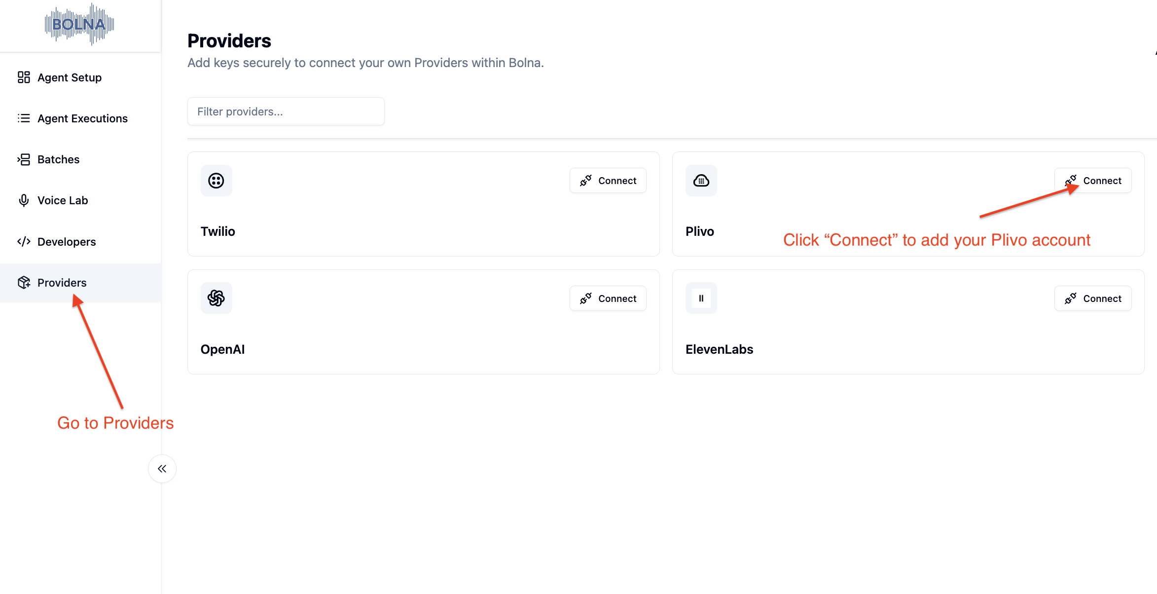 Providers page in Bolna dashboard showing Plivo connection button for integrating Plivo telephony with Voice AI agents