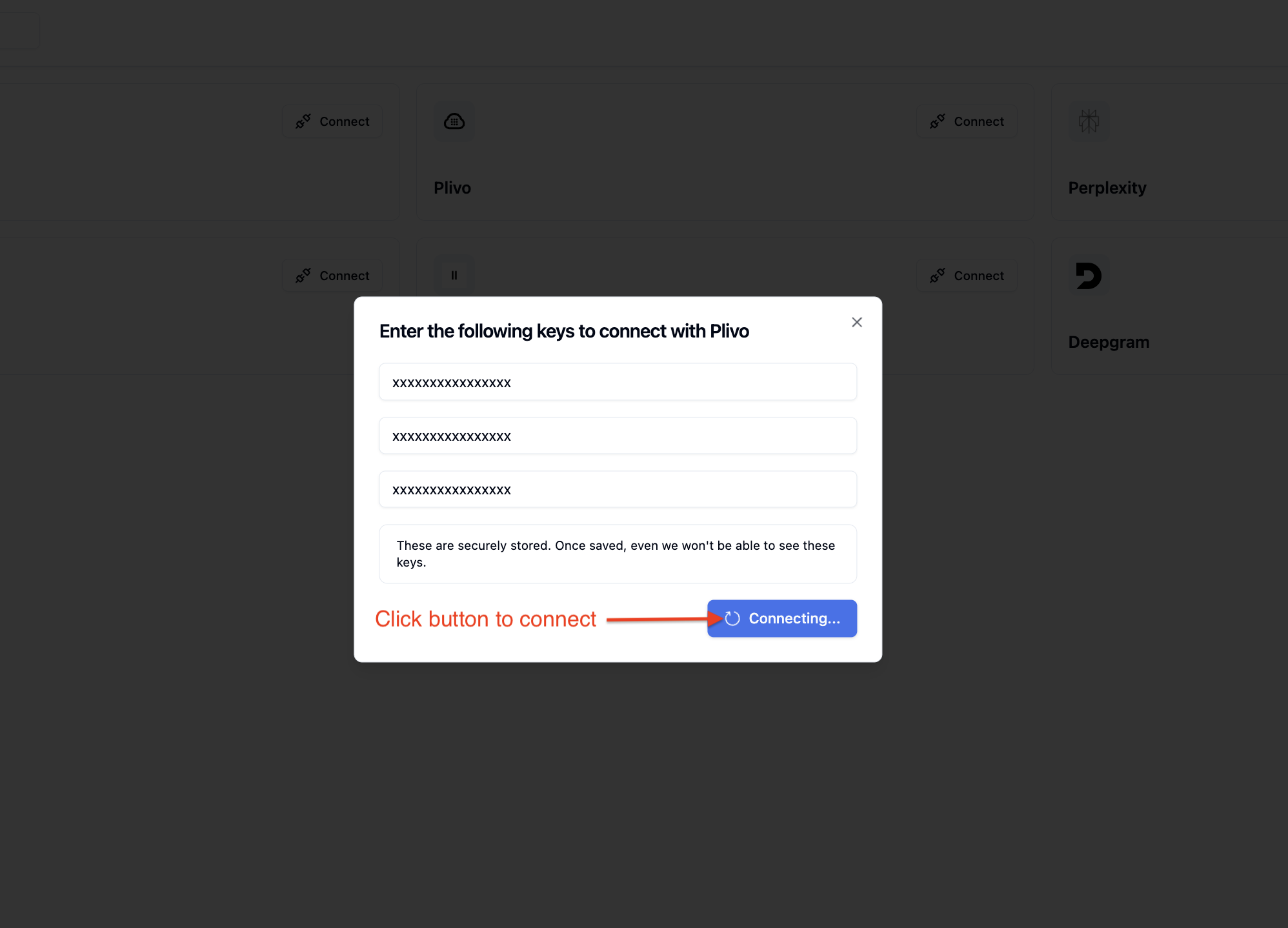 Plivo account connection confirmation screen in Bolna showing connect button to finalize telephony provider integration