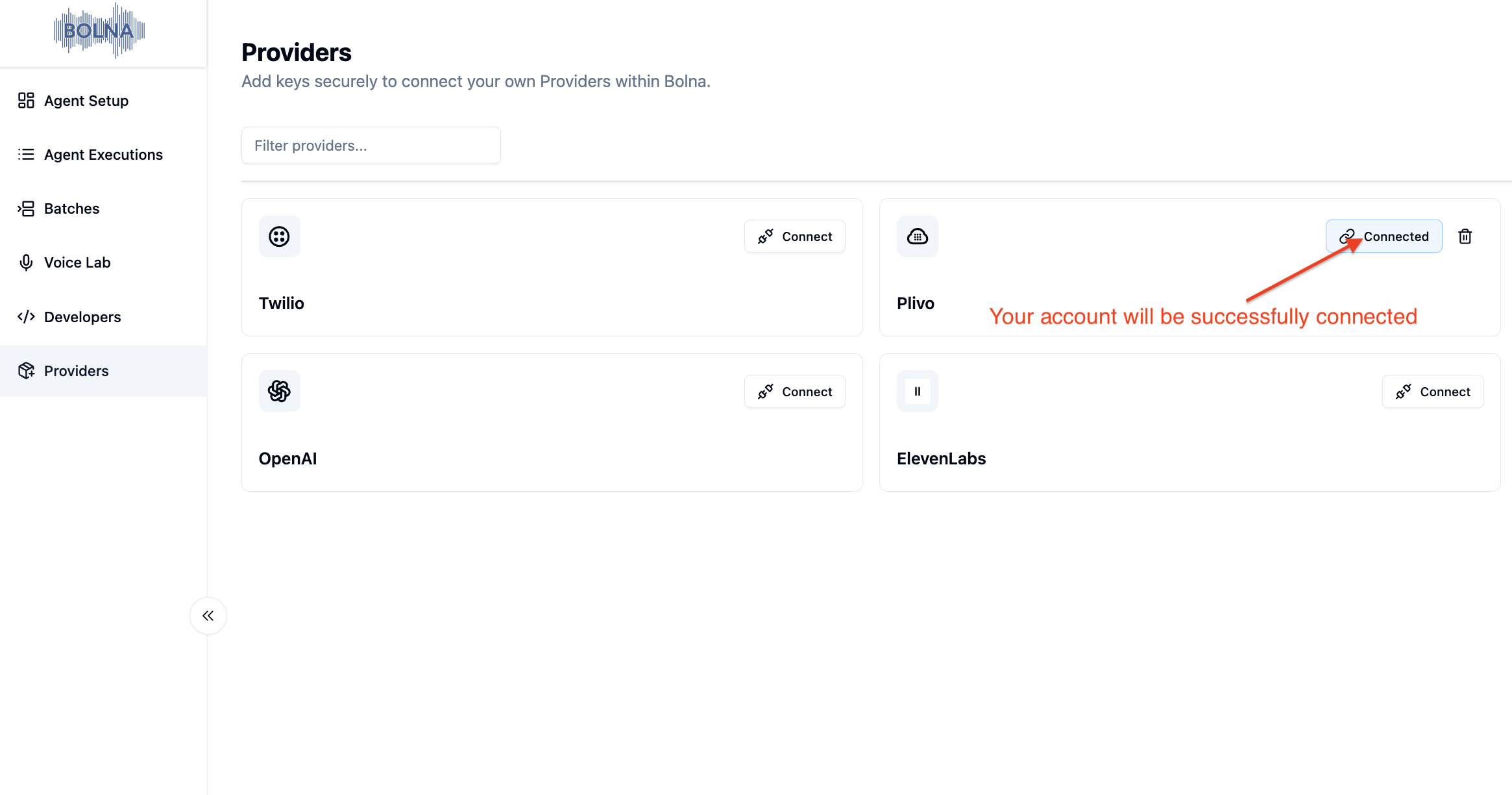 Successful Plivo account connection status in Bolna platform showing secure integration completion for Voice AI telephony services