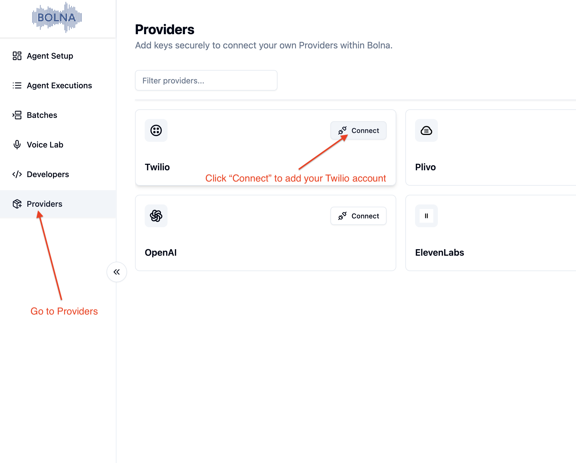 Providers page in Bolna dashboard showing Twilio connection button to integrate Twilio telephony with Bolna Voice AI agents