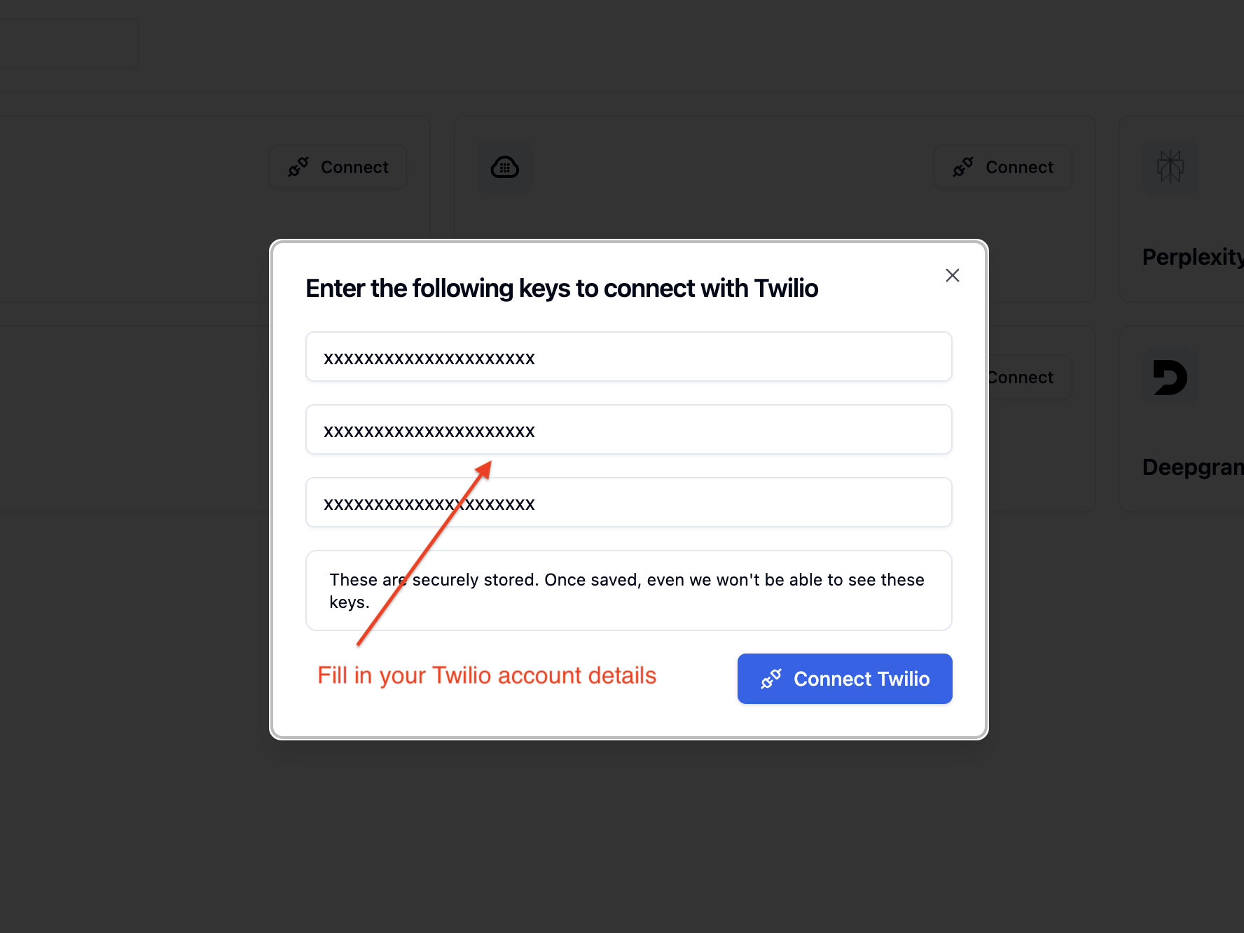 Twilio account connection form in Bolna showing Account SID and Auth Token input fields for secure Twilio connection