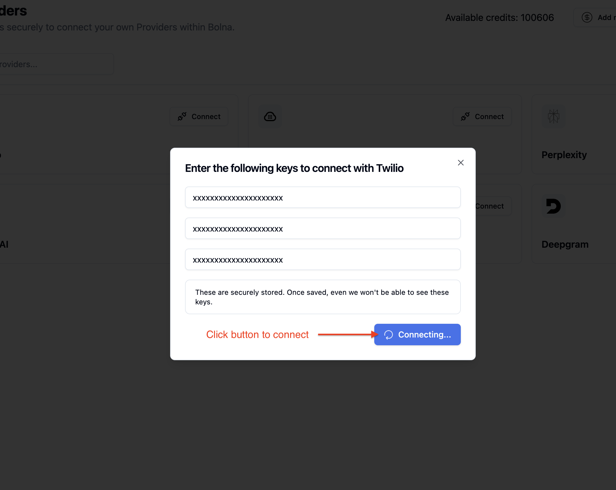 Twilio account connection confirmation screen in Bolna showing connect button to finalize Twilio telephony connection
