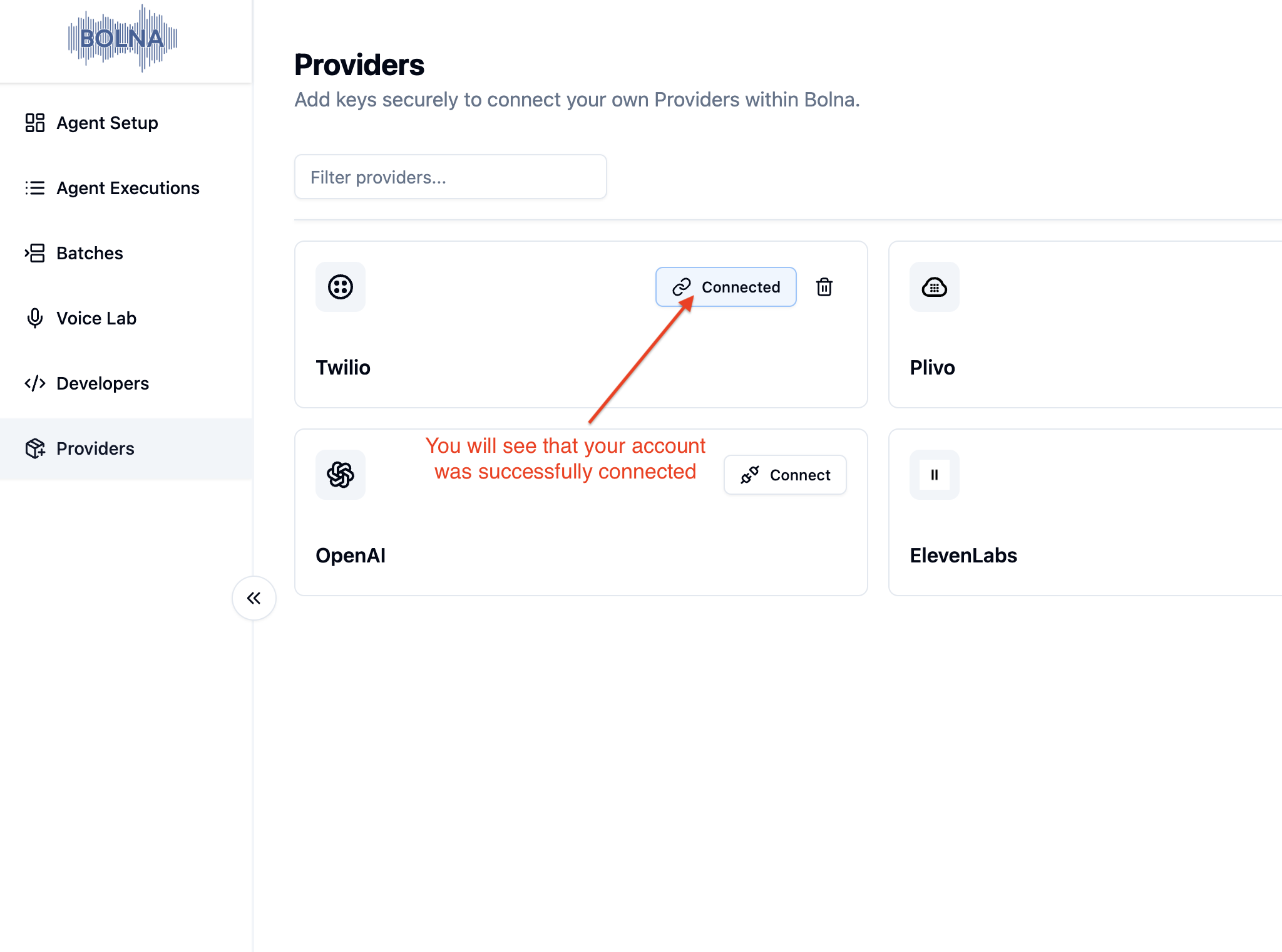 Successful Twilio account connection status in Bolna platform showing secure Twilio connection completion with Bolna Voice AI