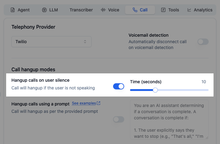 Bolna Voice AI call hangup settings showing silence time threshold configuration for automatic call disconnection