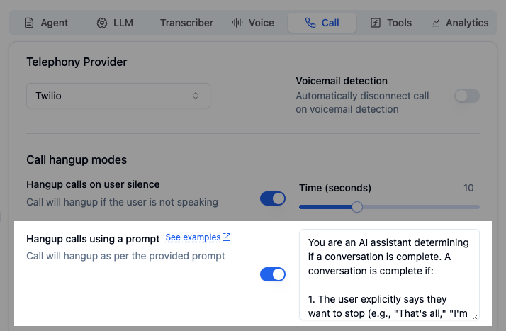 Custom prompt configuration interface for intelligent call hangup detection in Bolna Voice AI agents