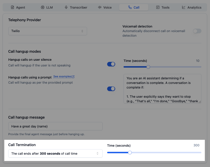 Call disconnection settings in Bolna Voice AI showing manual termination options for Bolna Voice AI conversations
